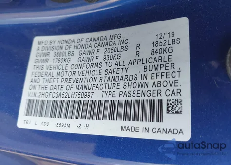 2020 Honda Civic Si Coupe z USA, uszkodzony, nr VIN 2HGFC3A52LH750997